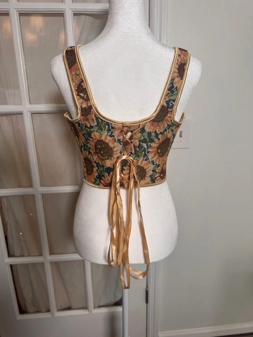 Sunflower Jacquard Corset Top with Ribbon Straps - Picture 3 of 11